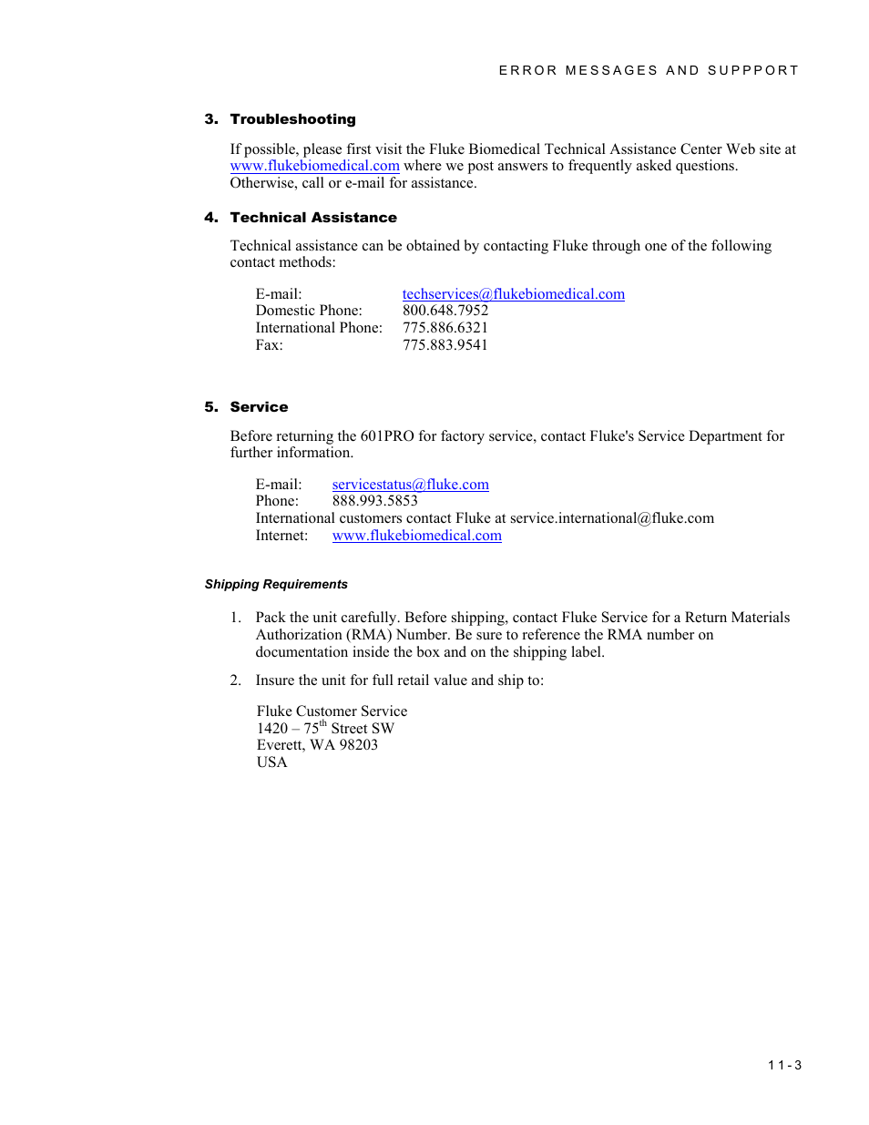 Troubleshooting, Technical assistance, Service | Shipping requirements | Fluke Biomedical 601PRO XL User Manual | Page 163 / 186
