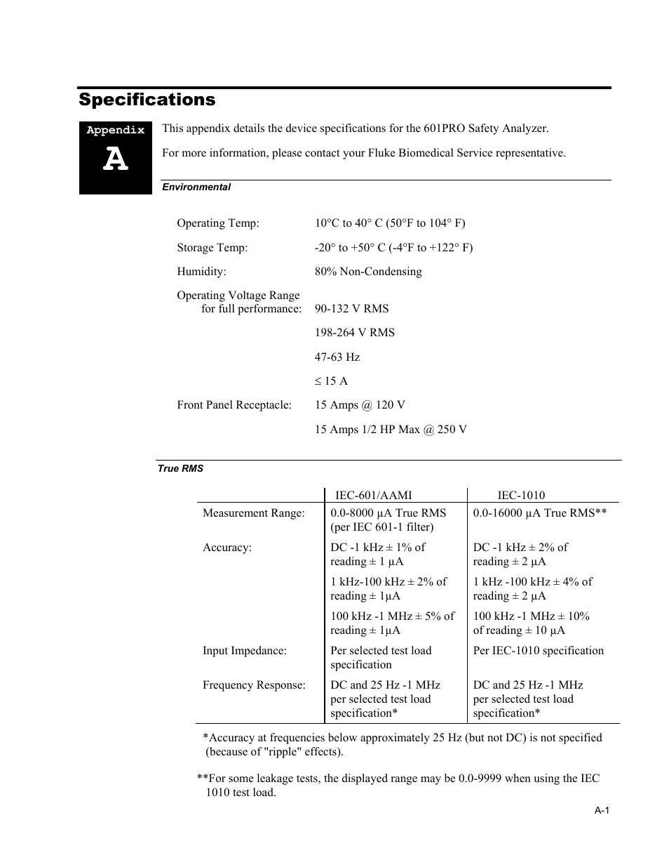 Appendices, A. specifications, Environmental | True rms, Specifications | Fluke Biomedical 601PRO XL User Manual | Page 165 / 186