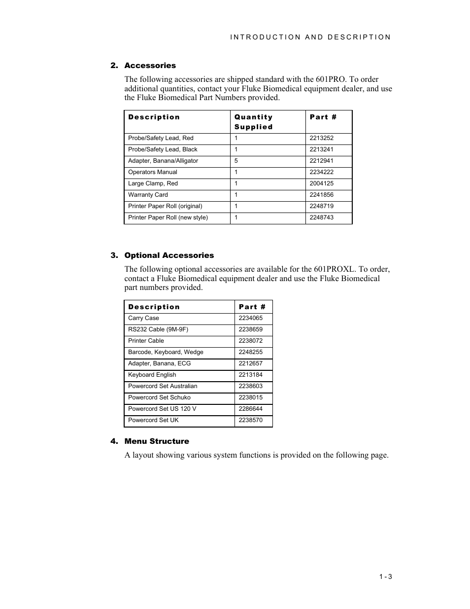 Accessories, Optional accessories, Menu structure | Fluke Biomedical 601PRO XL User Manual | Page 17 / 186