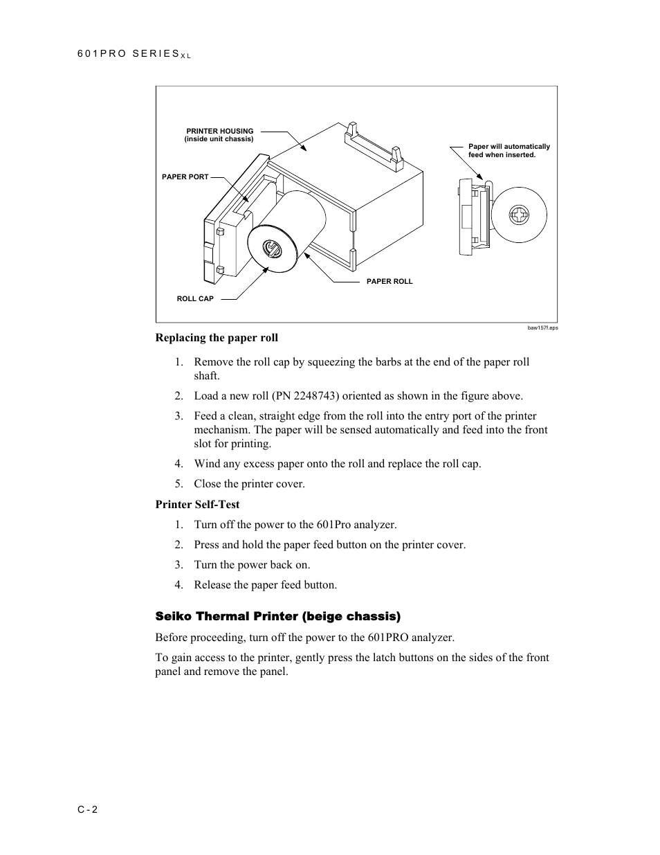Replacing the paper roll, Printer self-test, Seiko thermal printer (beige chassis) | Fluke Biomedical 601PRO XL User Manual | Page 178 / 186