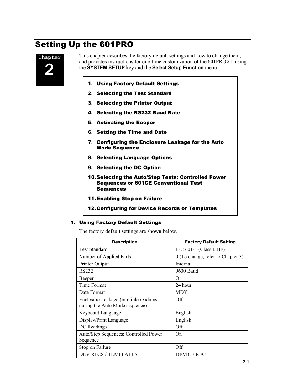 Setting up the 601pro, Using factory default settings | Fluke Biomedical 601PRO XL User Manual | Page 25 / 186