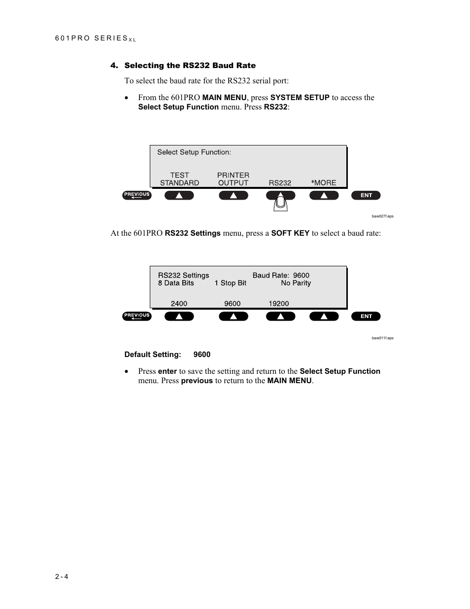 Selecting the rs232 baud rate | Fluke Biomedical 601PRO XL User Manual | Page 28 / 186