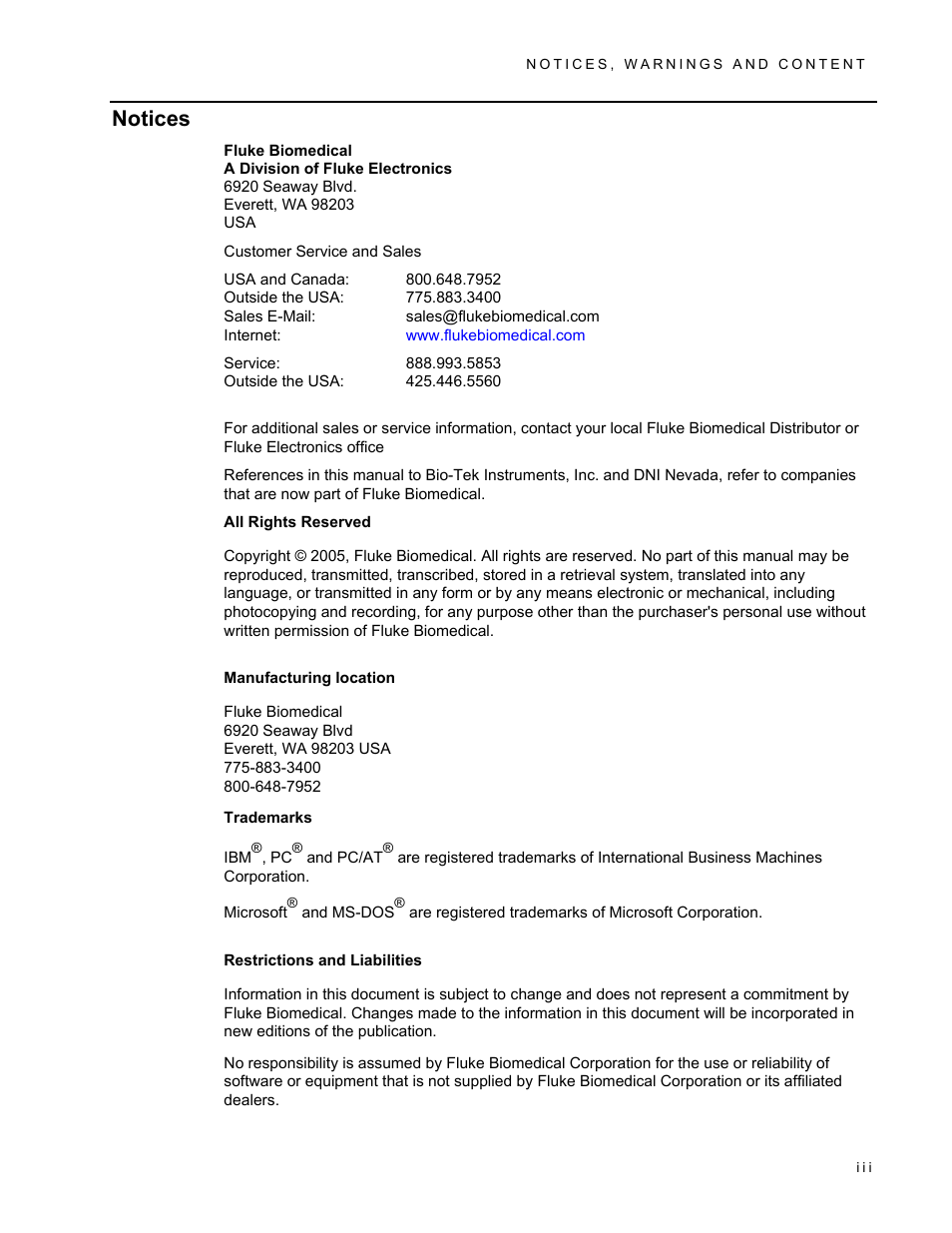 Frontmatter, Notices | Fluke Biomedical 601PRO XL User Manual | Page 3 / 186