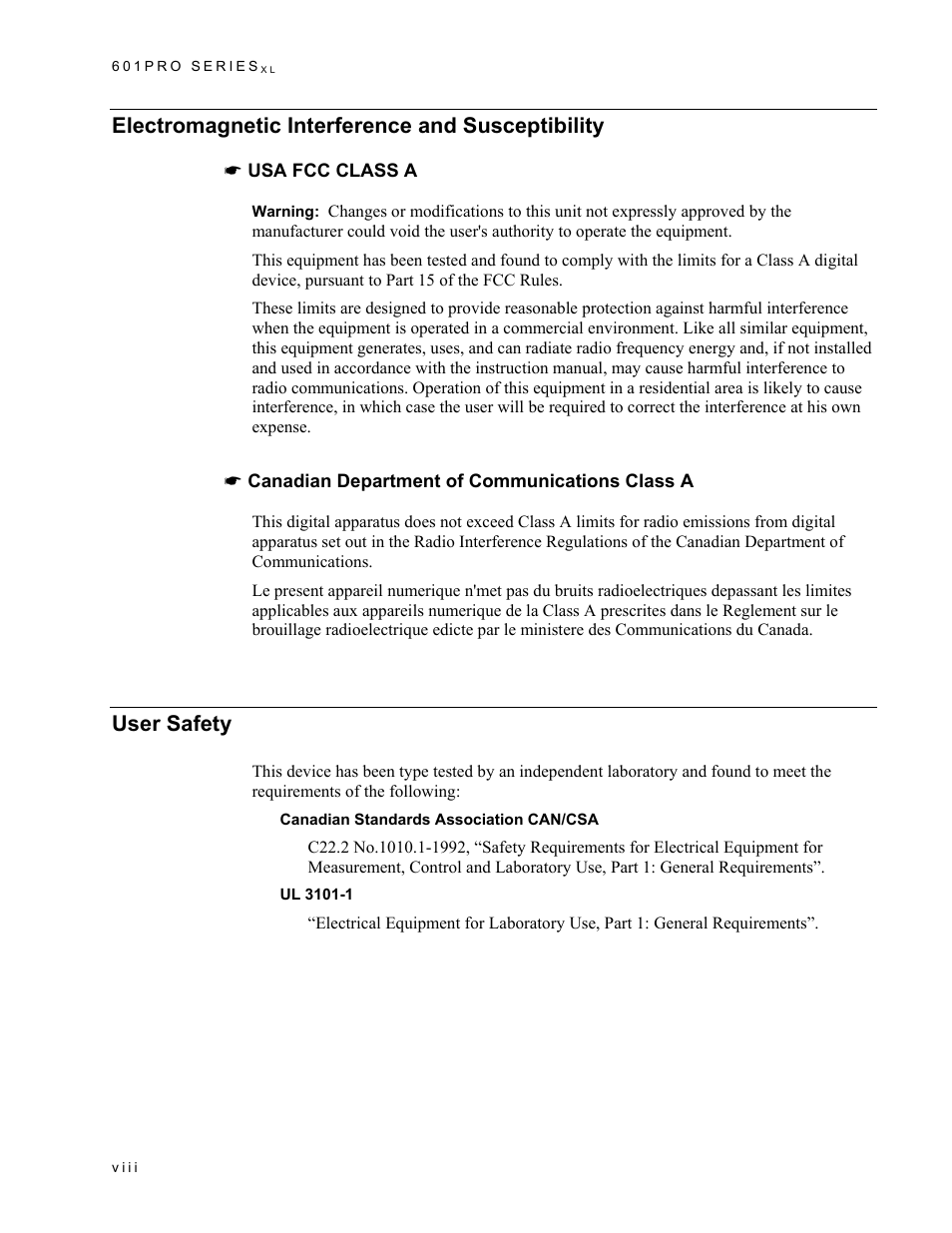 Electromagnetic interference and susceptibility, User safety | Fluke Biomedical 601PRO XL User Manual | Page 8 / 186