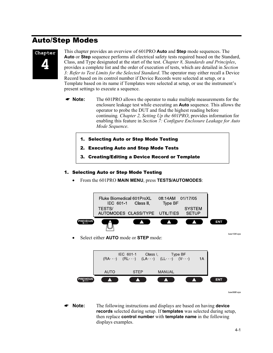 Auto/step modes, Selecting auto or step mode testing | Fluke Biomedical 601PRO XL User Manual | Page 81 / 186
