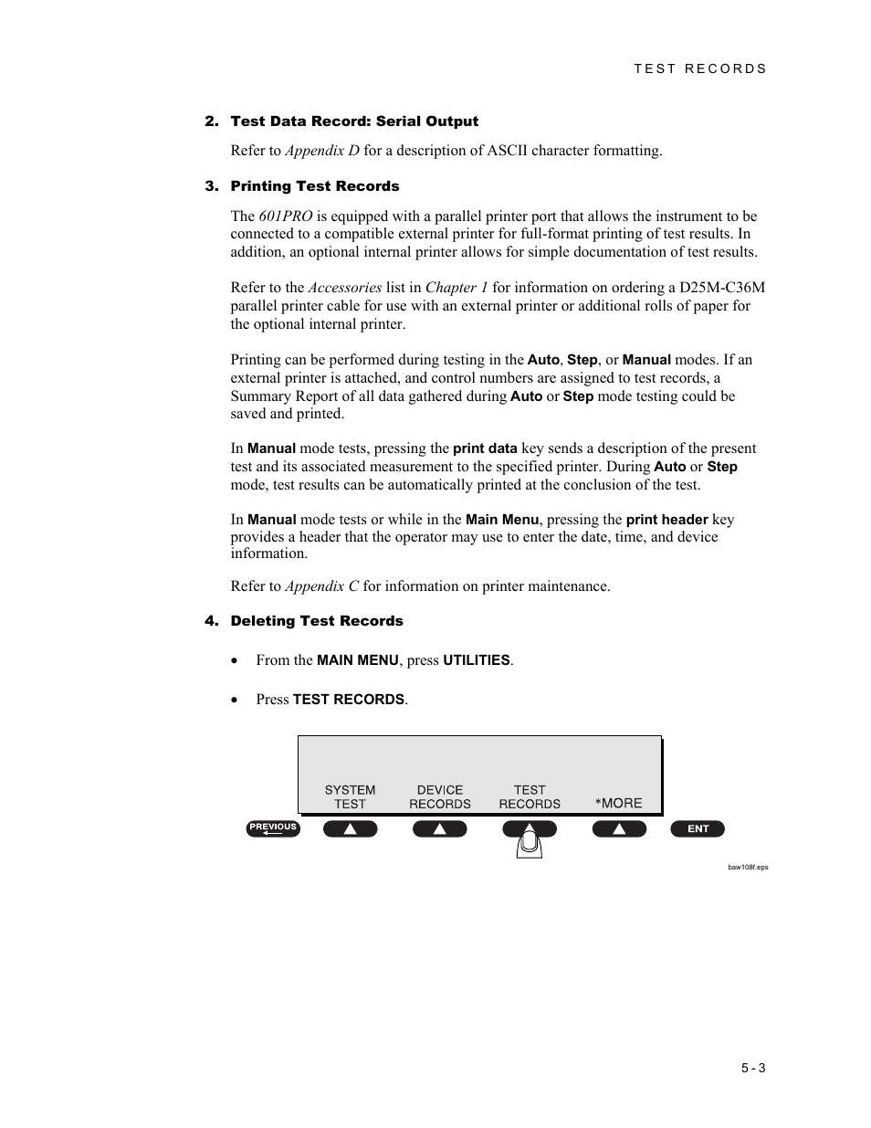 Test data record: serial output, Printing test records, Deleting test records | Fluke Biomedical 601PRO XL User Manual | Page 97 / 186