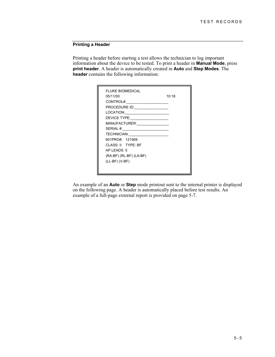 Printing a header | Fluke Biomedical 601PRO XL User Manual | Page 99 / 186
