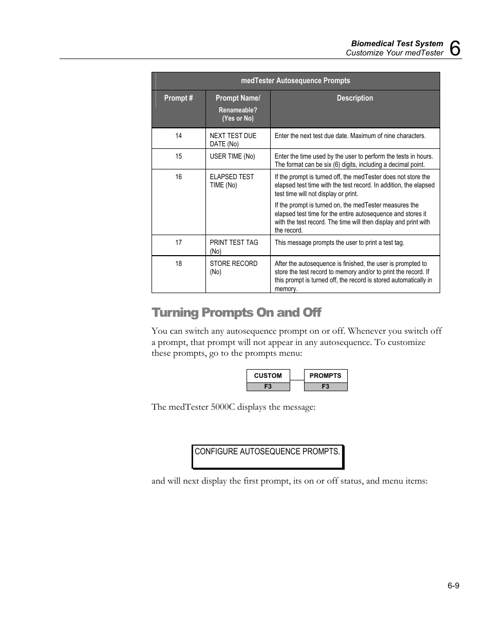 Customizing bar code record data entry, Turning prompts on and off | Fluke Biomedical medTester 5000C User Manual | Page 101 / 292