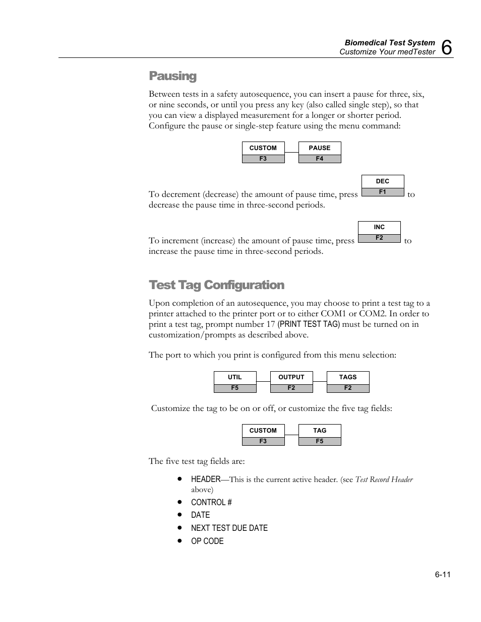 Resetting autosequences to default settings, Printing your medtester€5000c configuration, Customize medtester€5000c options | Pausing, Test tag configuration | Fluke Biomedical medTester 5000C User Manual | Page 103 / 292