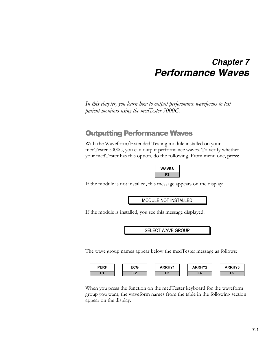 Conducting waveform tests in safety autosequences, Performance waves, Chapter 7 | Outputting performance waves | Fluke Biomedical medTester 5000C User Manual | Page 109 / 292