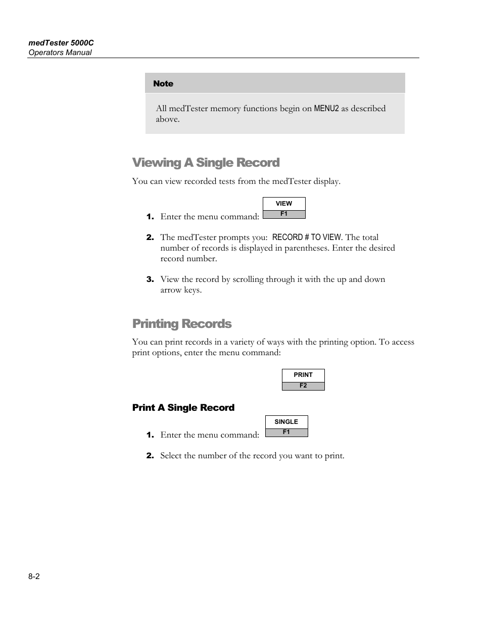 Deleting records, Erasing memory, all records, and checklists, Checking contents of memory | Viewing a single record, Printing records | Fluke Biomedical medTester 5000C User Manual | Page 116 / 292