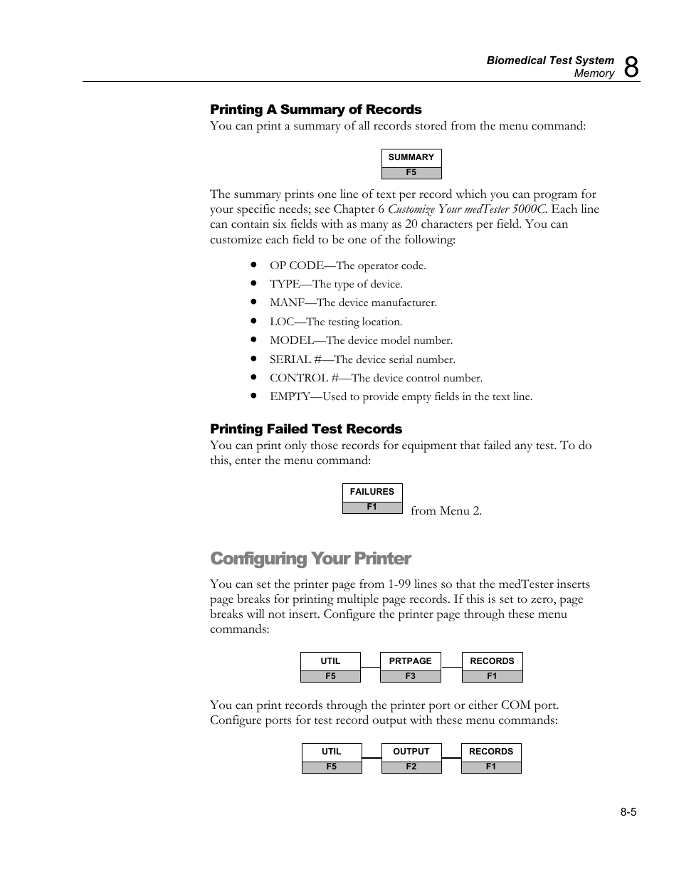 Keyboard shortcut commands, Configuring your printer | Fluke Biomedical medTester 5000C User Manual | Page 119 / 292