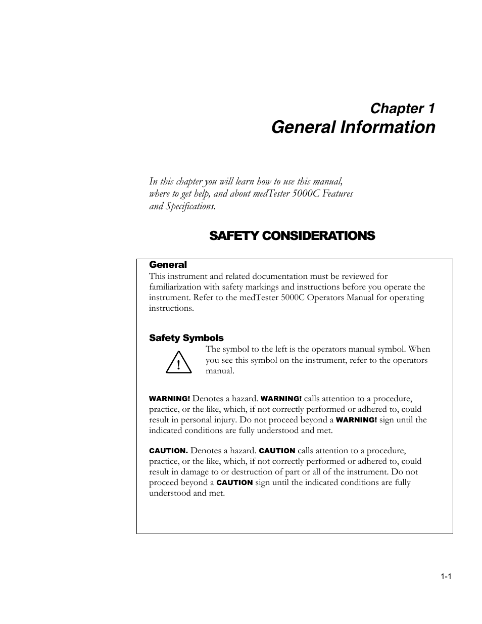 General information, Safety considerations, Features | Electrical safety testing, Performance testing, Manual measurements, Automatic measurements, Chapter 1 | Fluke Biomedical medTester 5000C User Manual | Page 13 / 292
