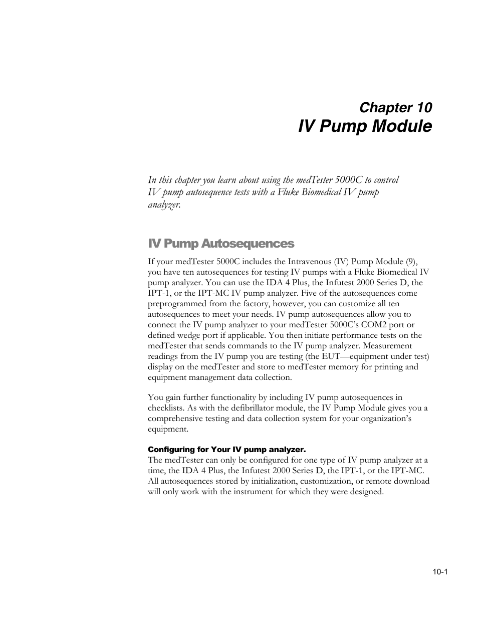 Iv pump autosequence names, Iv pump module, Chapter 10 | Iv pump autosequences | Fluke Biomedical medTester 5000C User Manual | Page 139 / 292