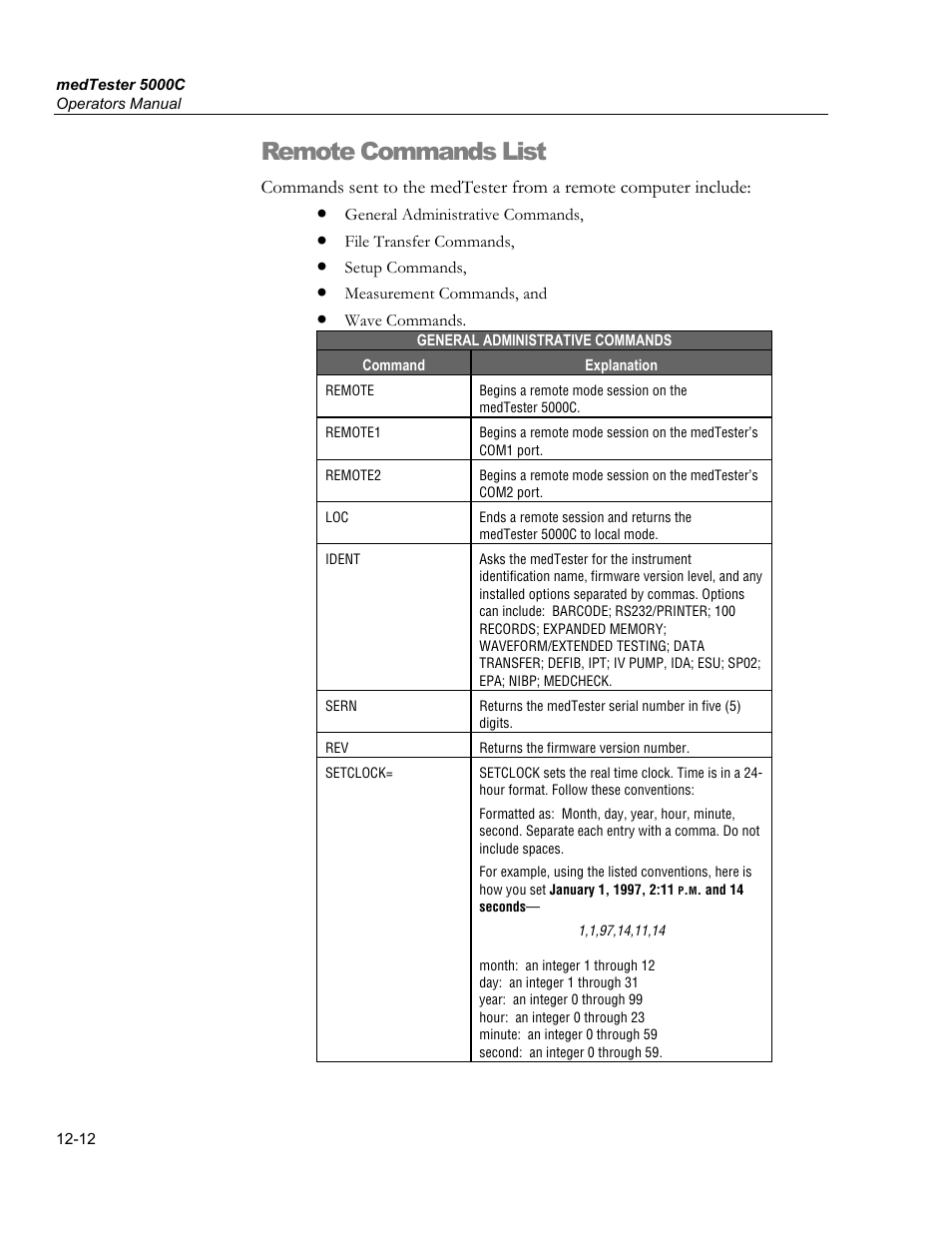 Remote commands list | Fluke Biomedical medTester 5000C User Manual | Page 190 / 292