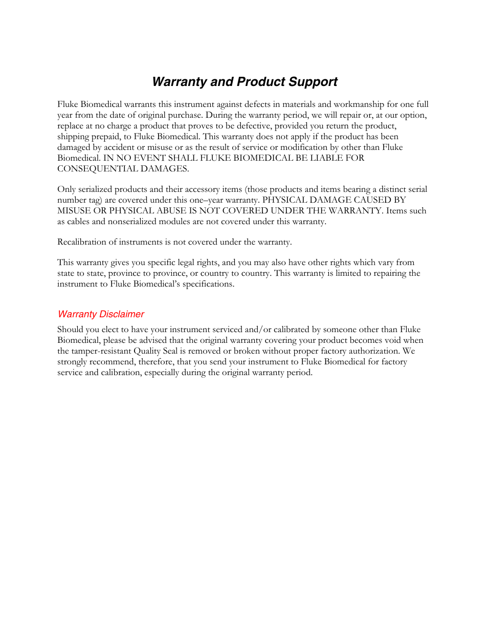 Warranty and product support, Warranty disclaimer, General | Safety symbols | Fluke Biomedical medTester 5000C User Manual | Page 2 / 292