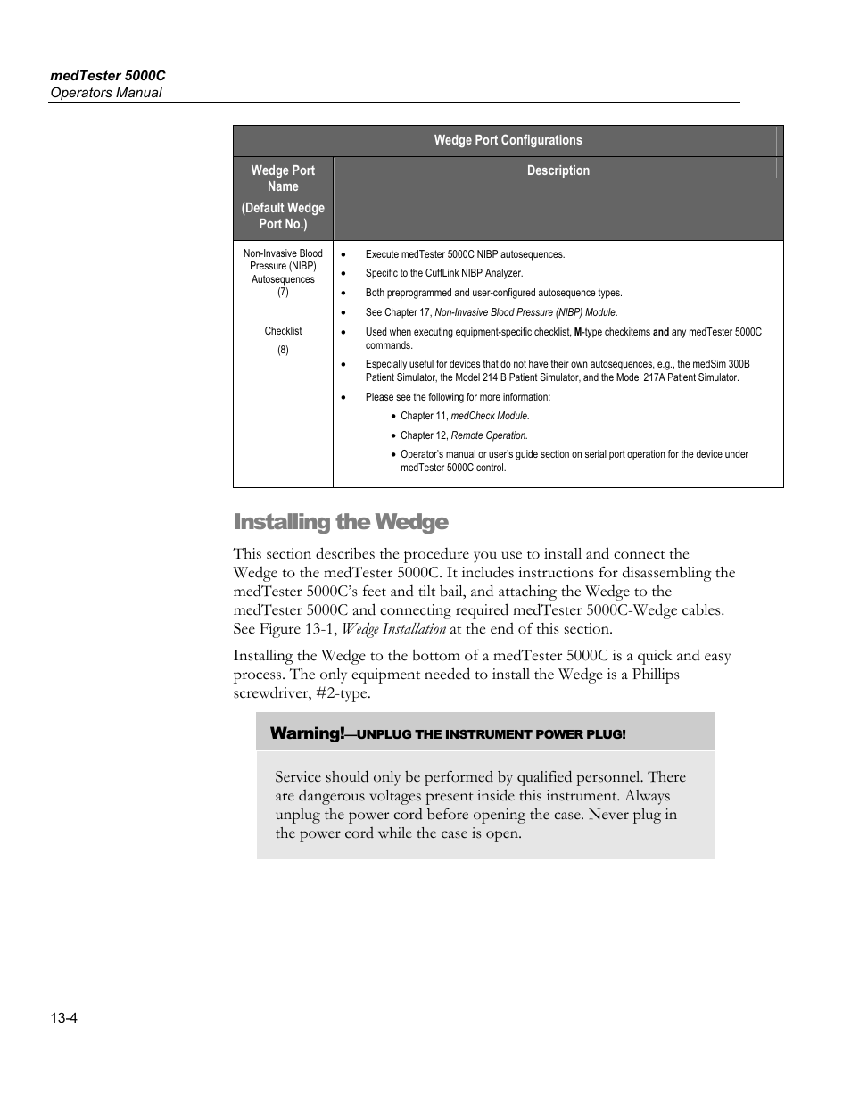 Configuring the normal port, Installing the wedge | Fluke Biomedical medTester 5000C User Manual | Page 200 / 292