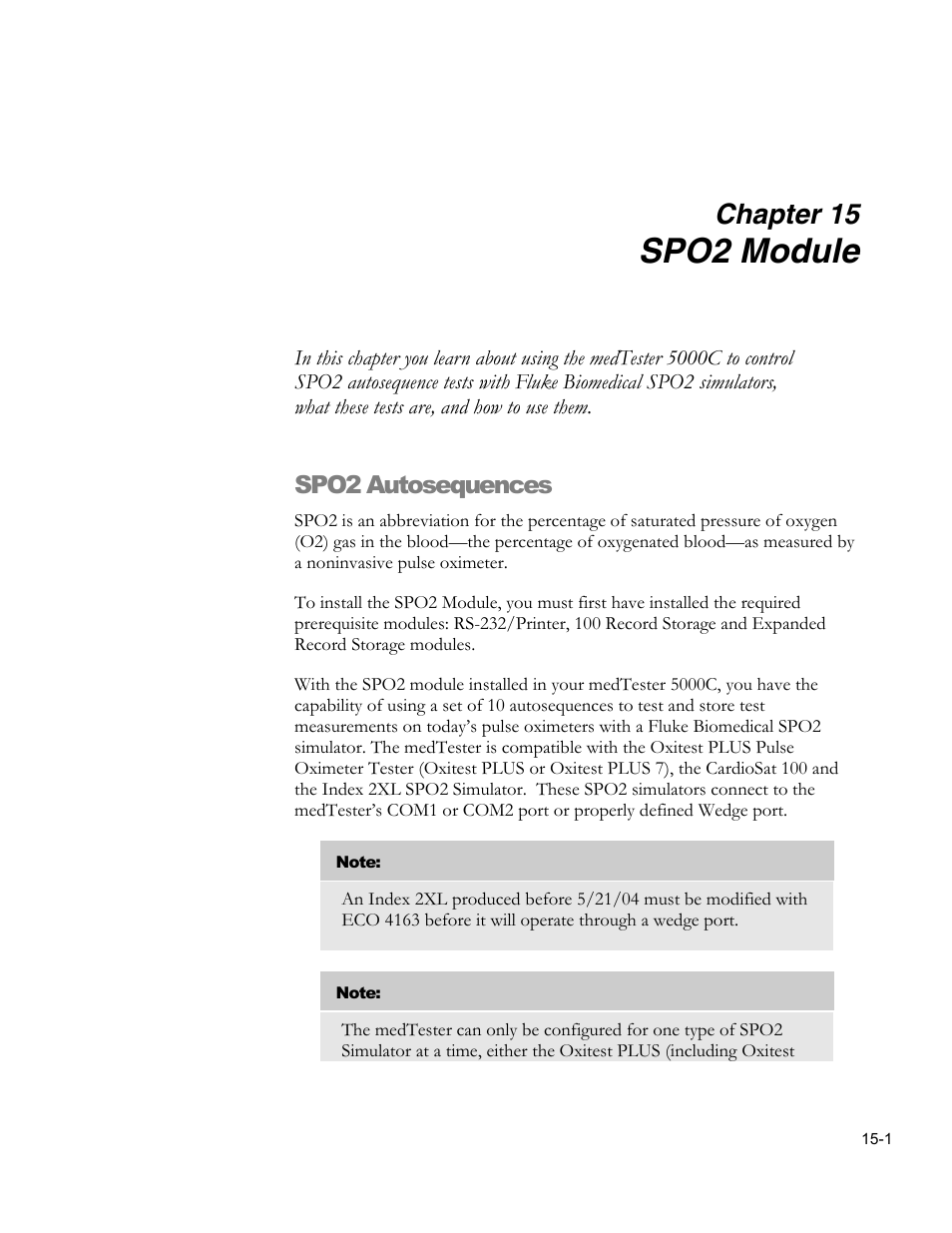 Spo2 module, Chapter 15, Spo2 autosequences | Fluke Biomedical medTester 5000C User Manual | Page 229 / 292