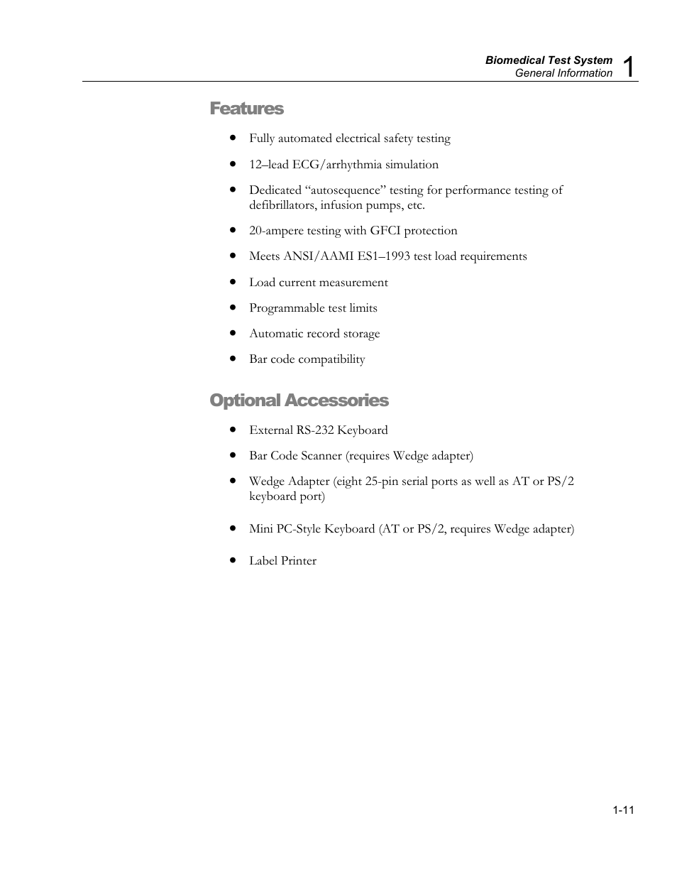Ground fault circuit interrupter, Performance waveforms, Ecg performance test waves (lead i, vp-p) | Arrhythmias, Features, Optional accessories | Fluke Biomedical medTester 5000C User Manual | Page 23 / 292