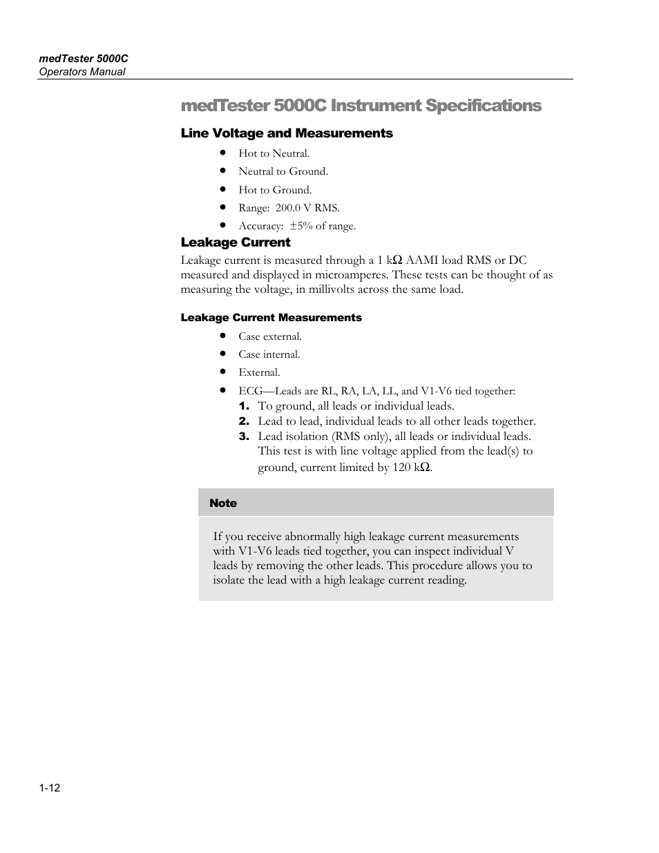 General specifications, Operating: 15( to 35(c (59( to 95(f), Ecg connections | Ecg binding posts, High-level ecg output, Data input and output, Rs-232c serial interface parameters, Real time clock, Medtester 5000c instrument specifications | Fluke Biomedical medTester 5000C User Manual | Page 24 / 292
