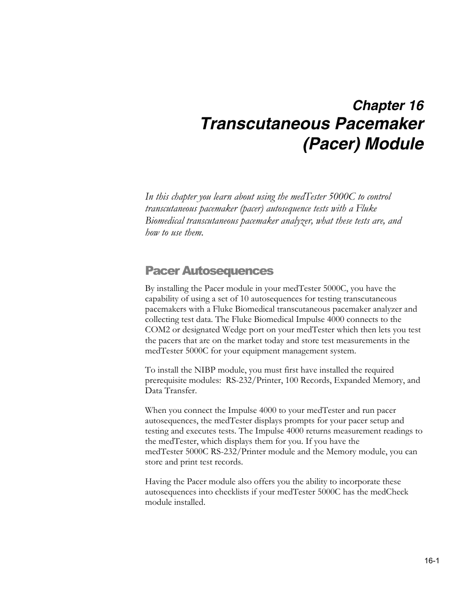 Pretest device prompts, Transcutaneous pacemaker (pacer) module, Chapter 16 | Fluke Biomedical medTester 5000C User Manual | Page 257 / 292