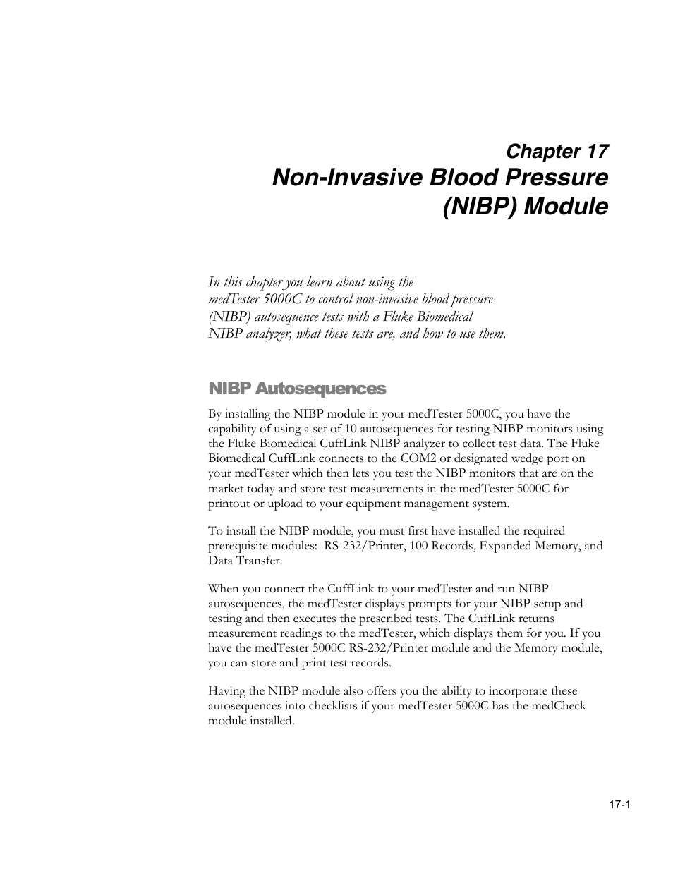 Pretest device prompts, Non-invasive blood pressure (nibp) module, Chapter 17 | Fluke Biomedical medTester 5000C User Manual | Page 275 / 292
