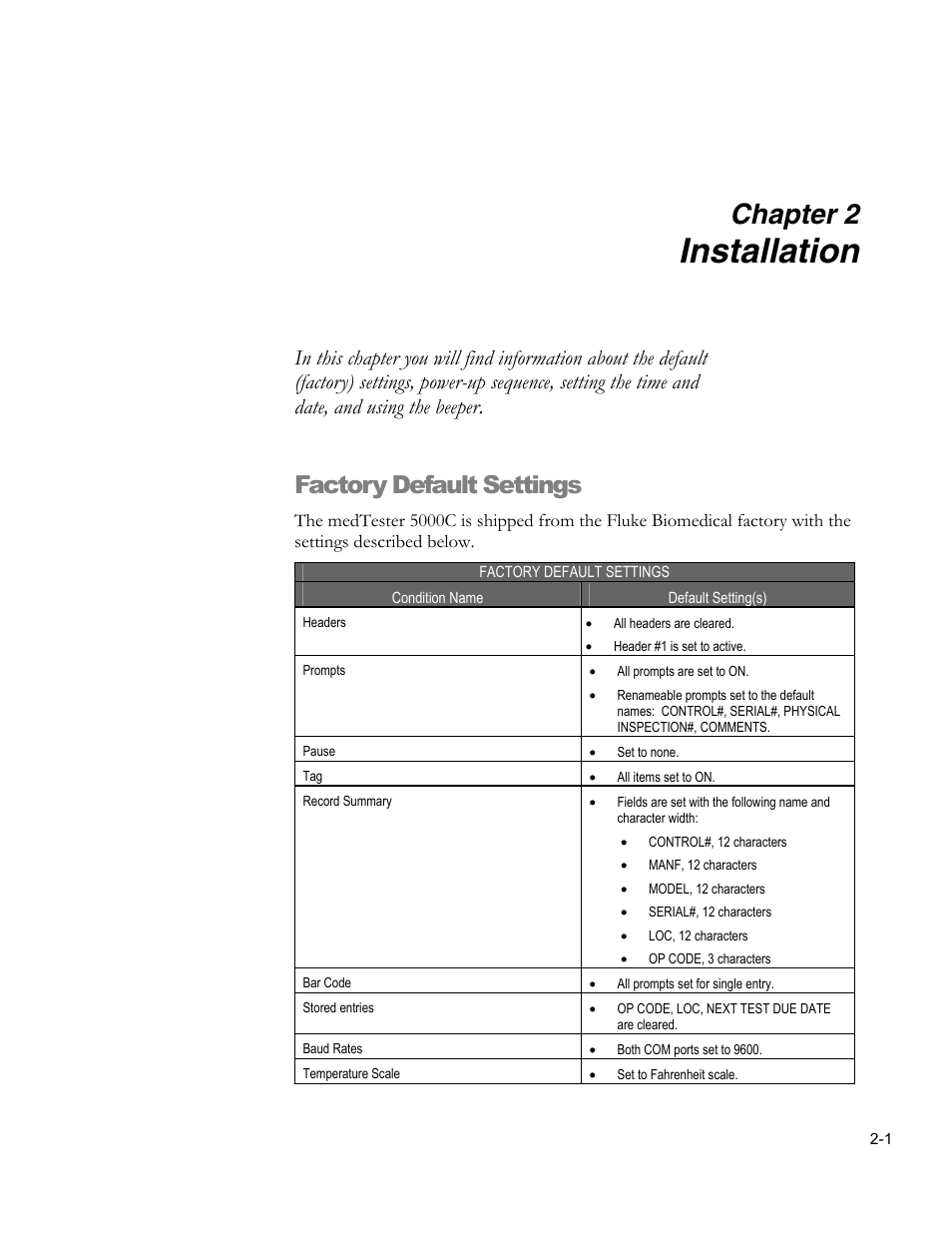 Enabling modules, Installation, Chapter 2 | Factory default settings | Fluke Biomedical medTester 5000C User Manual | Page 33 / 292
