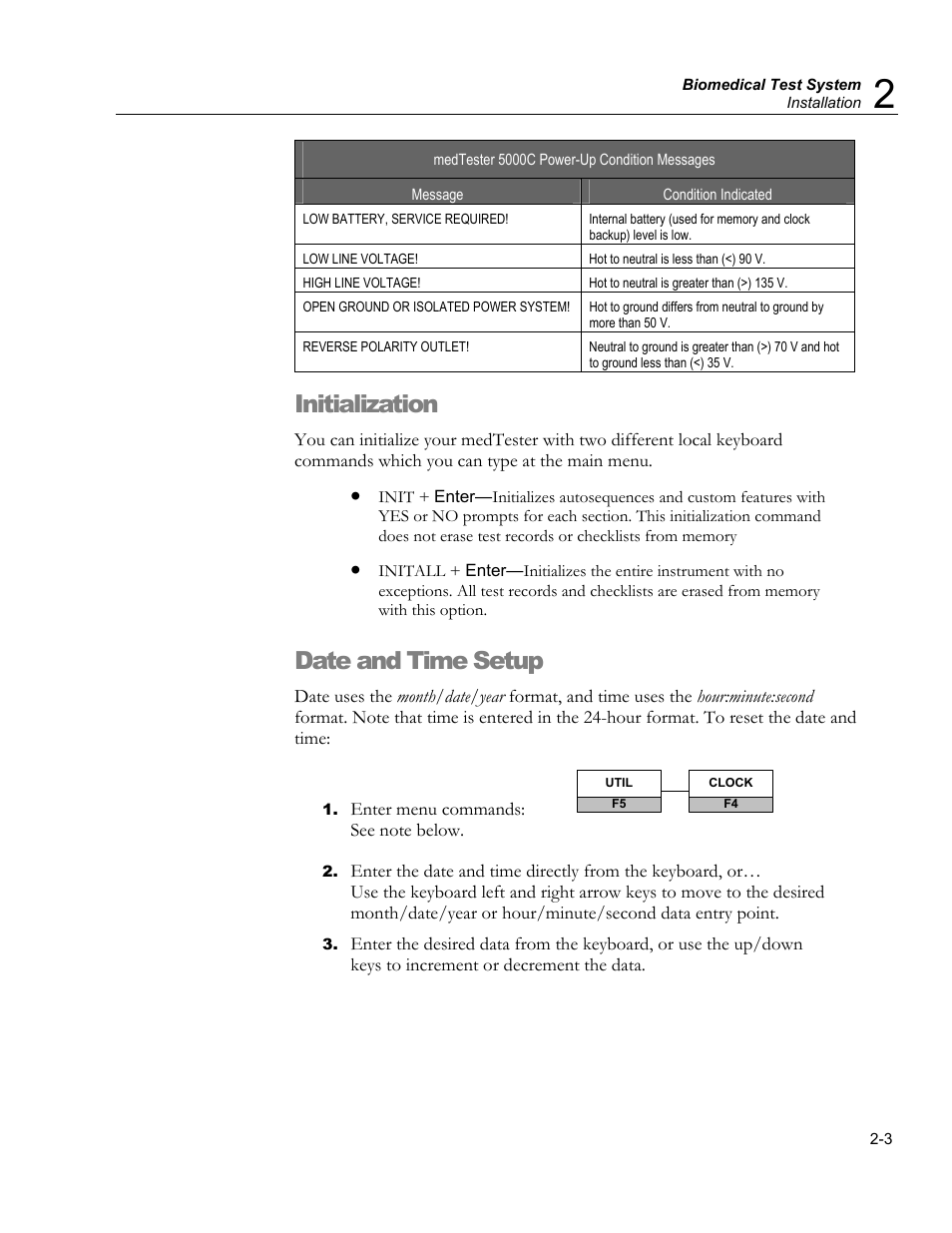 Confirming module installation, Initialization, Date and time setup | Fluke Biomedical medTester 5000C User Manual | Page 35 / 292