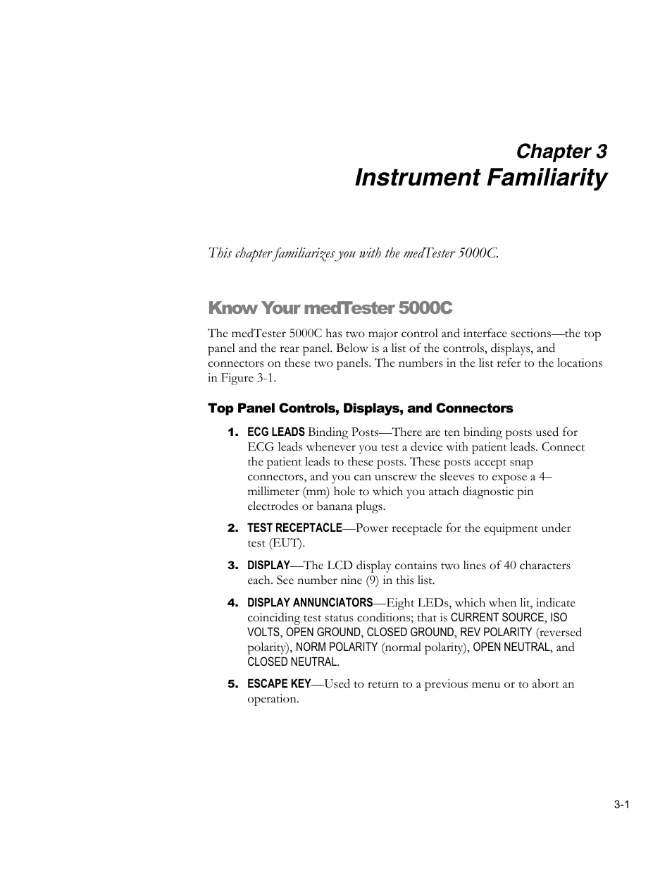 Instrument familiarity, Chapter 3, Know your medtester 5000c | Fluke Biomedical medTester 5000C User Manual | Page 41 / 292