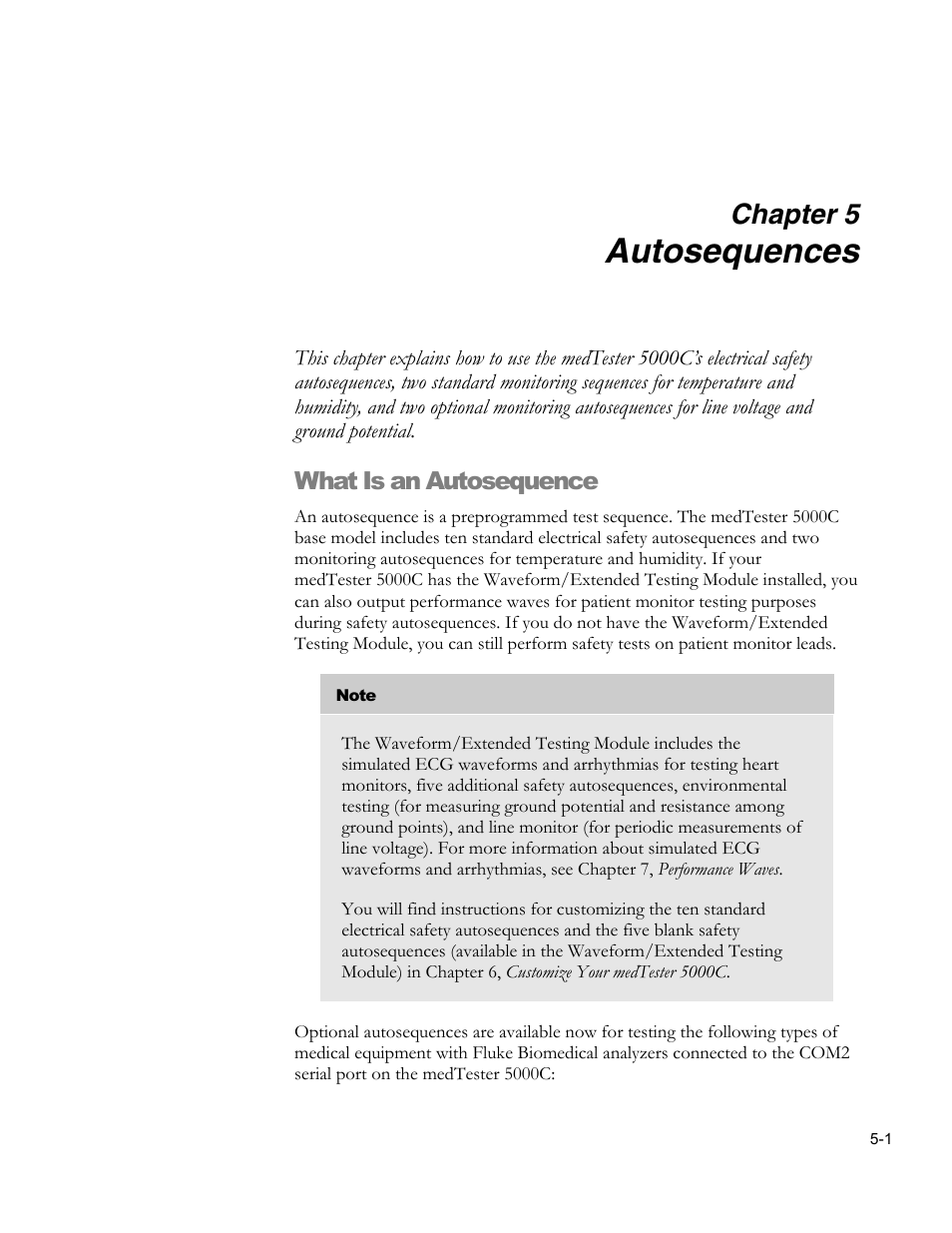 Autosequence device prompts, Autosequences, Chapter 5 | What is an autosequence | Fluke Biomedical medTester 5000C User Manual | Page 71 / 292