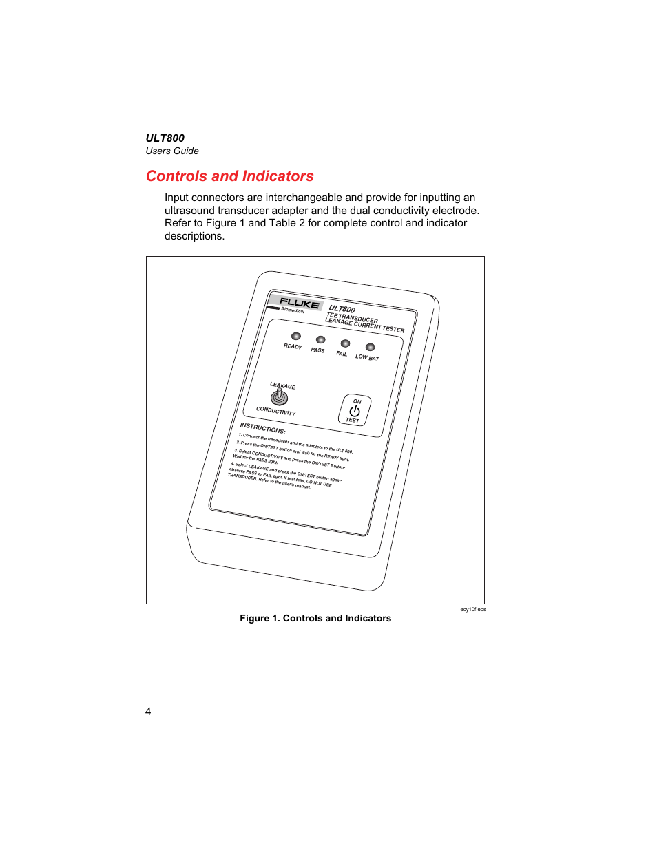 Controls and indicators, Ult800, Users guide | Figure 1. controls and indicators | Fluke Biomedical ULT800 User Manual | Page 14 / 26