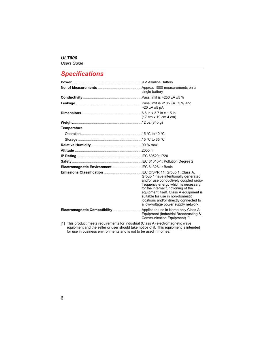 Specifications | Fluke Biomedical ULT800 User Manual | Page 16 / 26