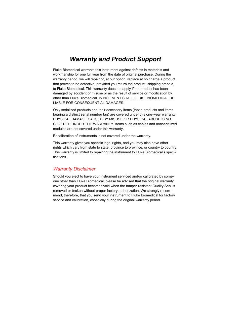 Warranty, Warranty and product support | Fluke Biomedical ULT800 User Manual | Page 2 / 26