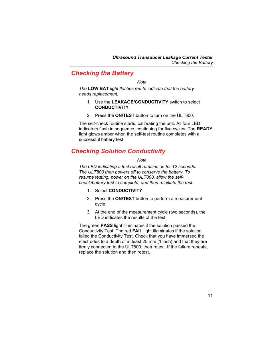 Checking the battery, Checking solution conductivity | Fluke Biomedical ULT800 User Manual | Page 21 / 26