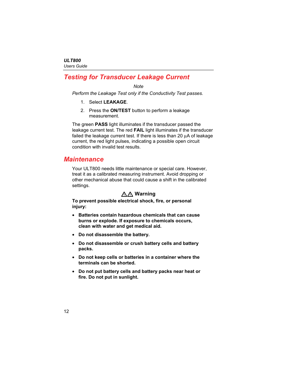 Testing for transducer leakage current, Maintenance | Fluke Biomedical ULT800 User Manual | Page 22 / 26