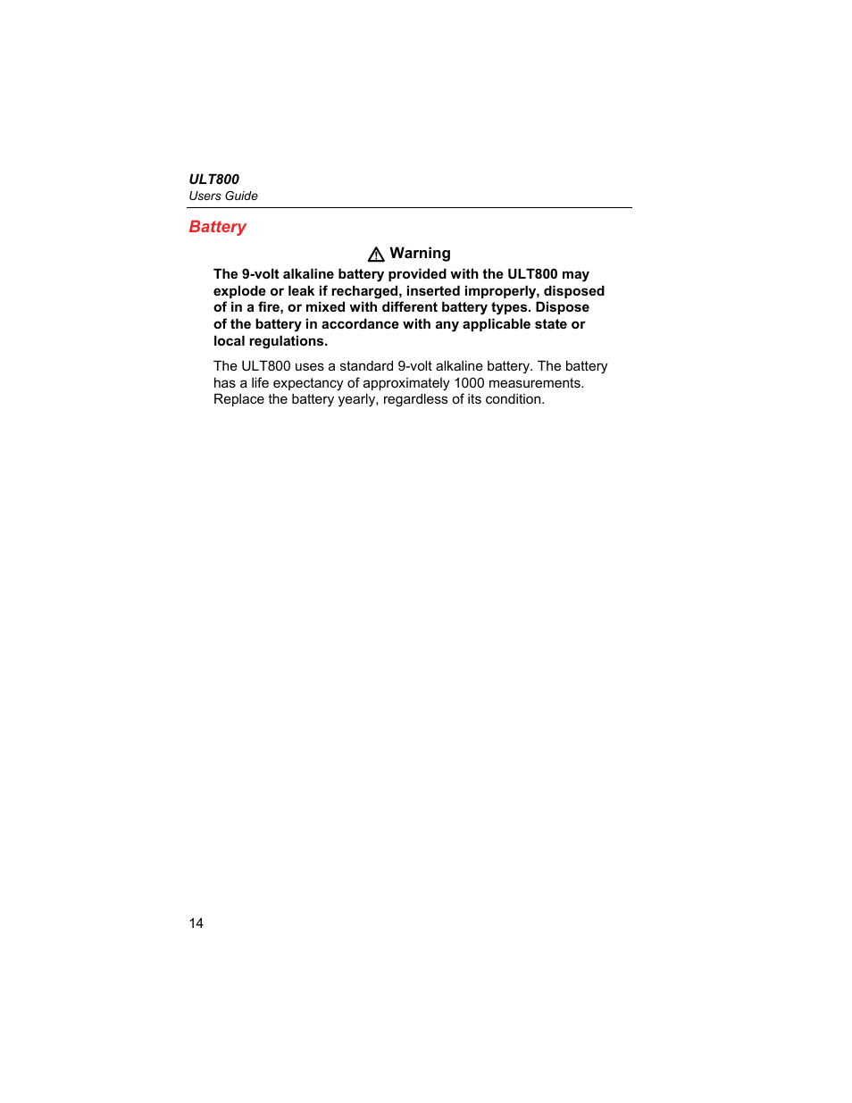 Battery | Fluke Biomedical ULT800 User Manual | Page 24 / 26