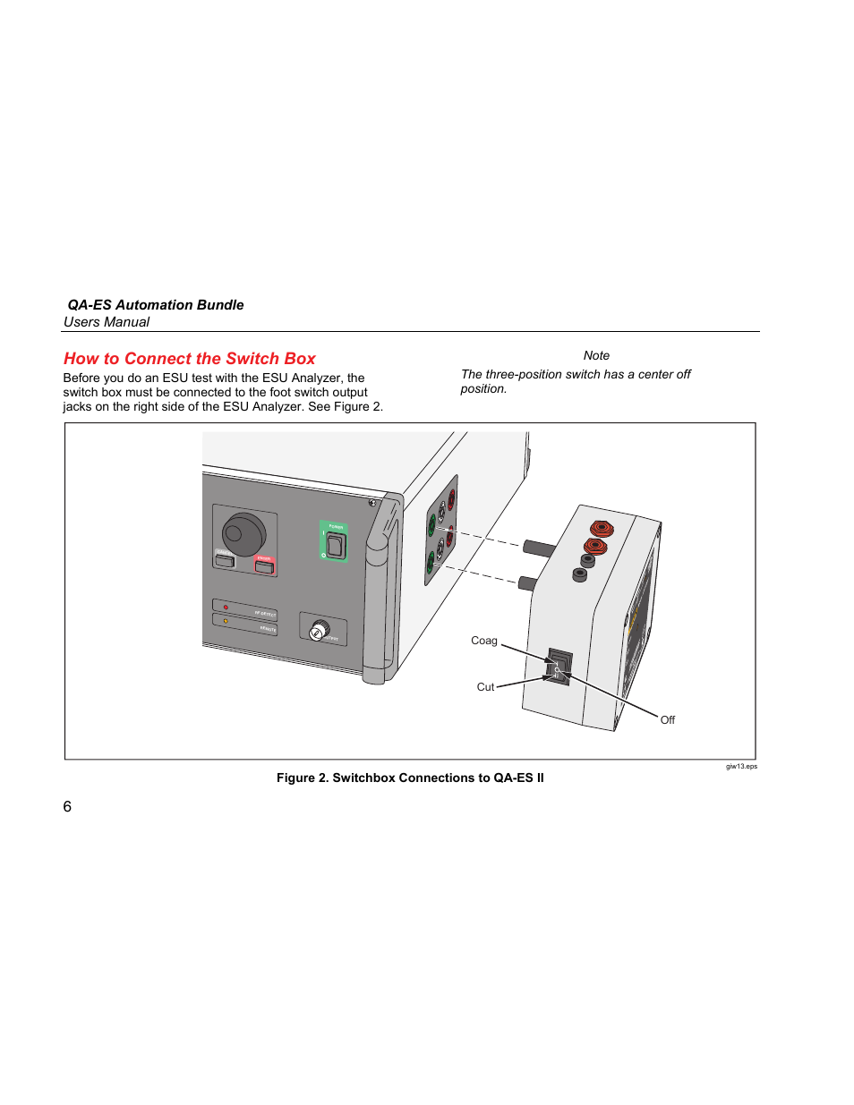 How to connect the switch box, Qa-es automation bundle users manual, Figure 2. switchbox connections to qa-es ii | Coag cut off | Fluke Biomedical QA-ES Automation Bundle User Manual | Page 14 / 26