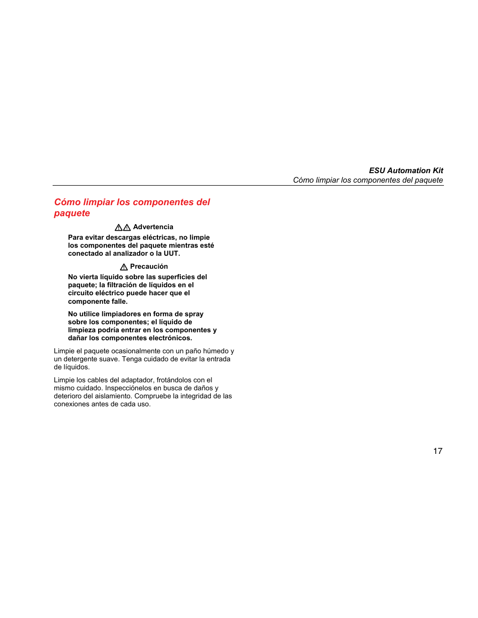 Cómo limpiar los componentes del paquete | Fluke Biomedical QA-ES Automation Bundle User Manual | Page 25 / 26