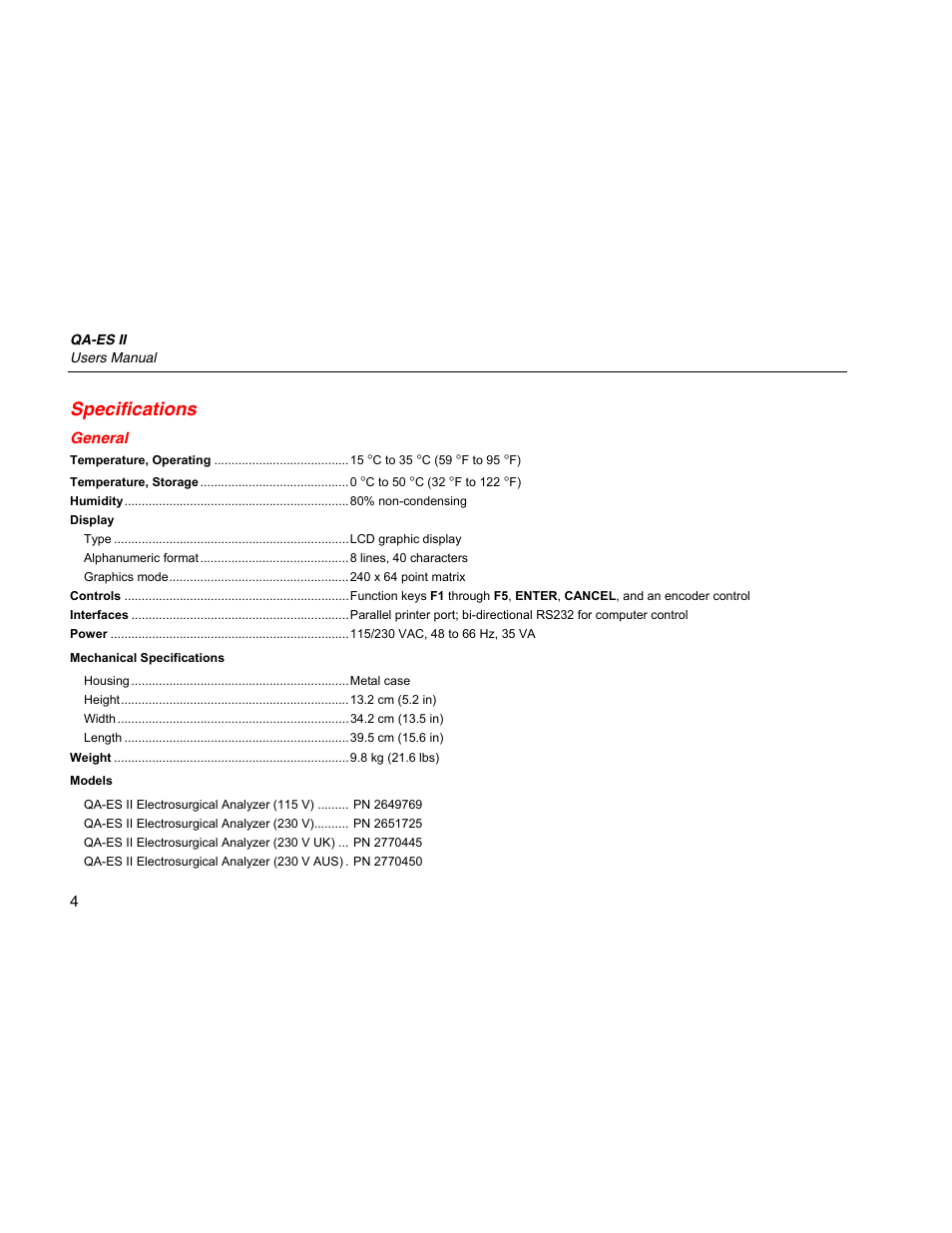 Specifications, General | Fluke Biomedical QA-ES II User Manual | Page 14 / 34