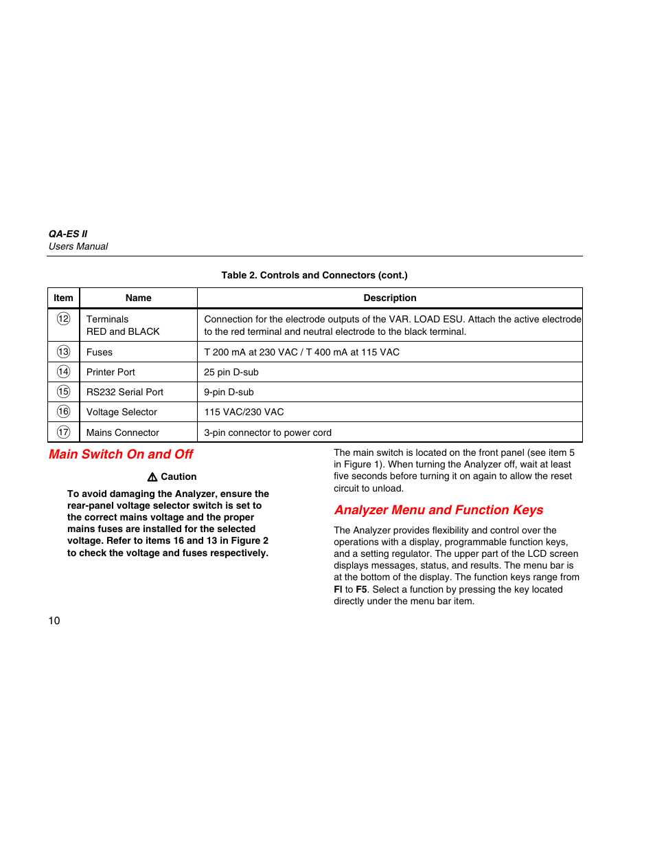 Main switch on and off, Analyzer menu and function keys | Fluke Biomedical QA-ES II User Manual | Page 20 / 34