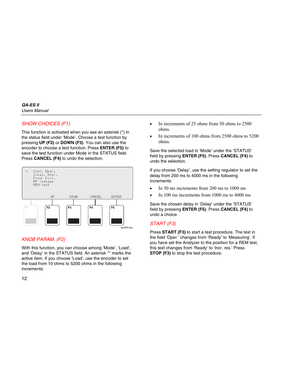 Show choices (f1), Knob param. (f2), Start (f3) | Fluke Biomedical QA-ES II User Manual | Page 22 / 34