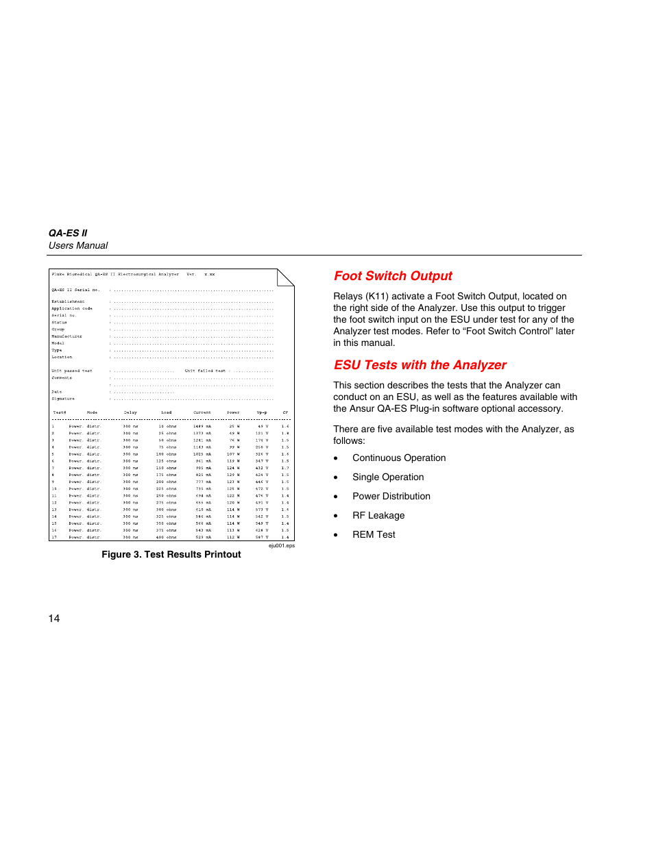 Foot switch output, Esu tests with the analyzer | Fluke Biomedical QA-ES II User Manual | Page 24 / 34