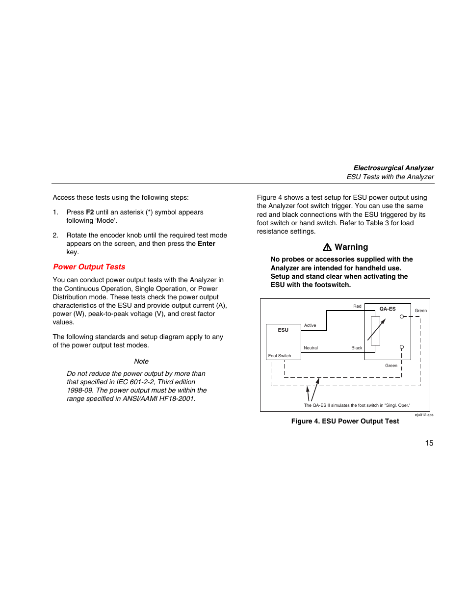 Power output tests, Wwarning | Fluke Biomedical QA-ES II User Manual | Page 25 / 34