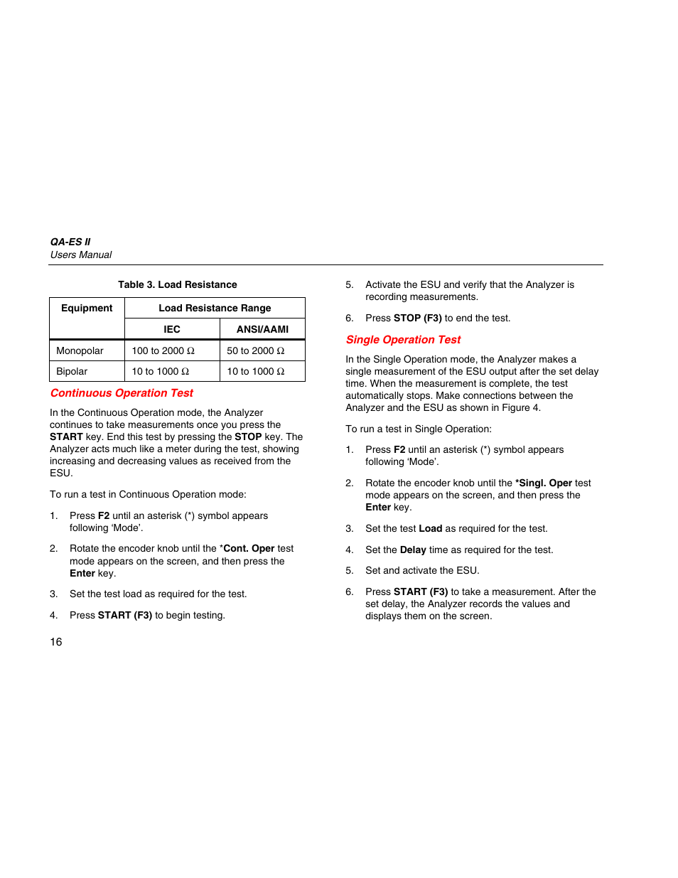 Continuous operation test, Single operation test | Fluke Biomedical QA-ES II User Manual | Page 26 / 34