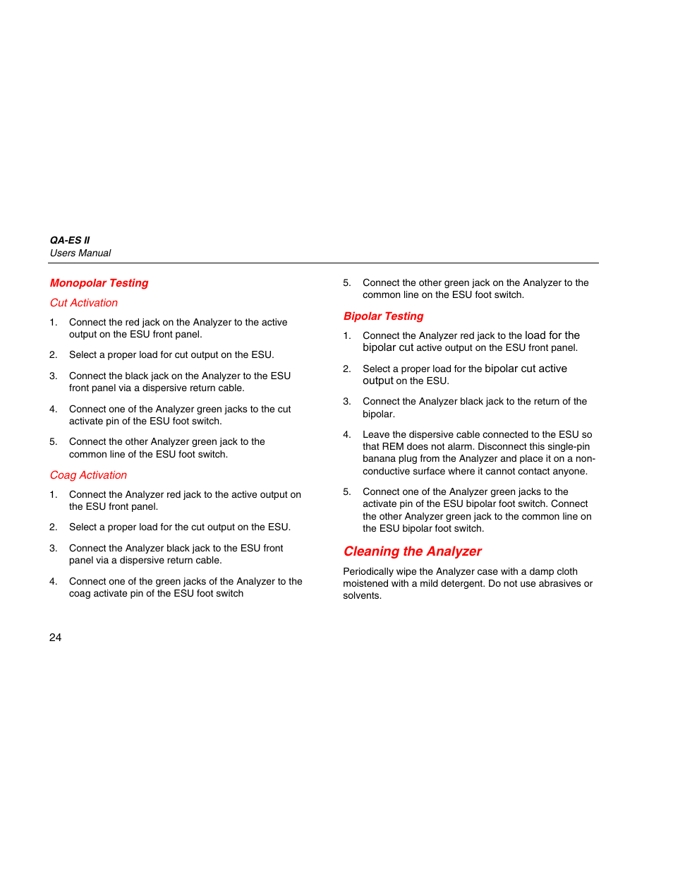 Monopolar testing, Cut activation, Coag activation | Bipolar testing, Cleaning the analyzer | Fluke Biomedical QA-ES II User Manual | Page 34 / 34