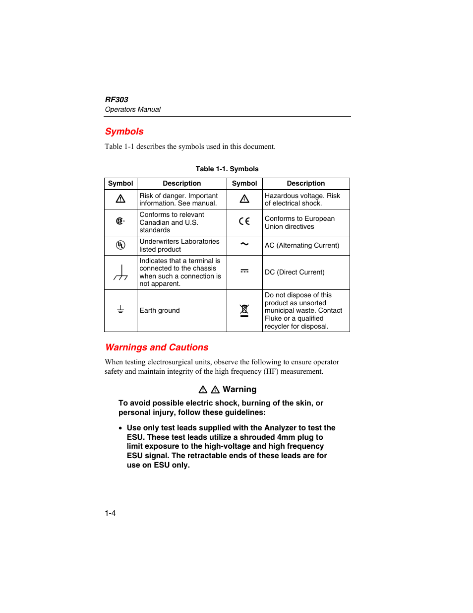 Symbols, Warnings and cautions | Fluke Biomedical RF303 User Manual | Page 14 / 70
