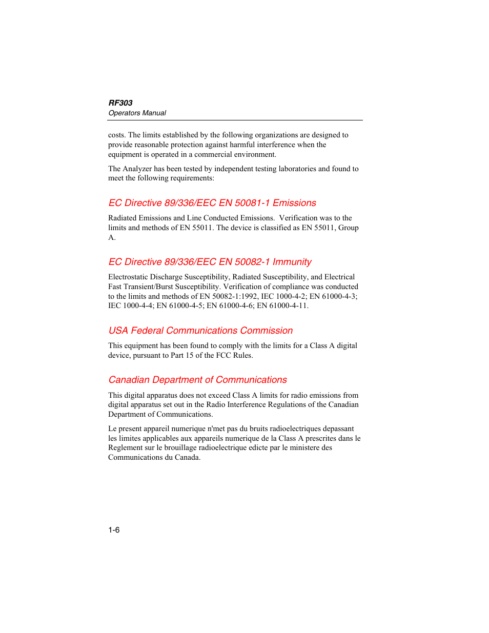 Ec directive 89/336/eec en 50081-1 emissions, Ec directive 89/336/eec en 50082-1 immunity, Usa federal communications commission | Canadian department of communications | Fluke Biomedical RF303 User Manual | Page 16 / 70