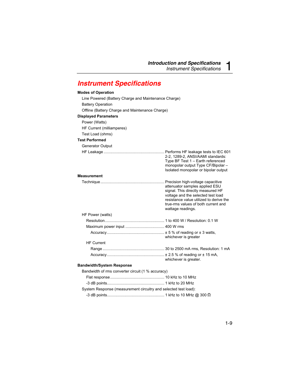 Instrument specifications | Fluke Biomedical RF303 User Manual | Page 19 / 70