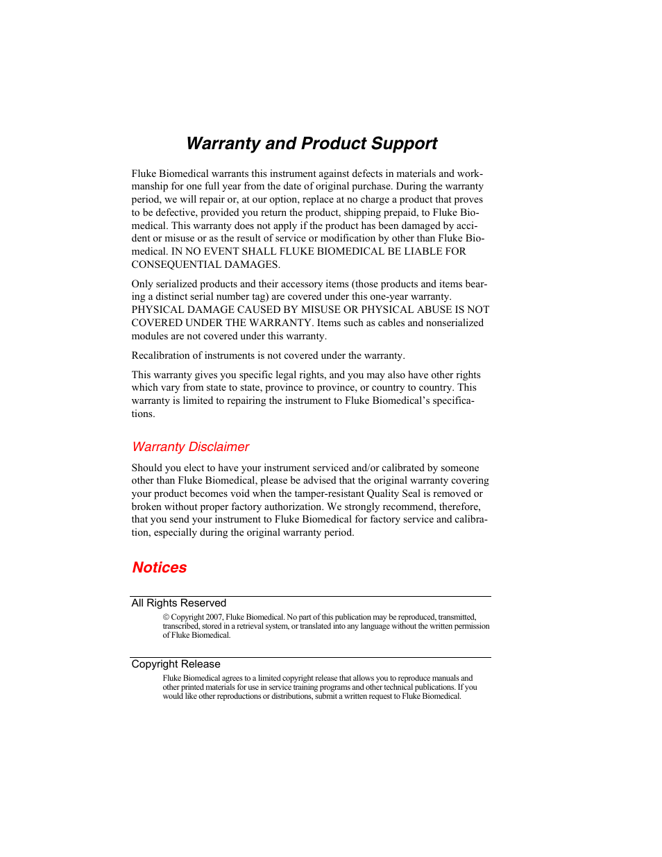Warranty and product support, Notices | Fluke Biomedical RF303 User Manual | Page 2 / 70