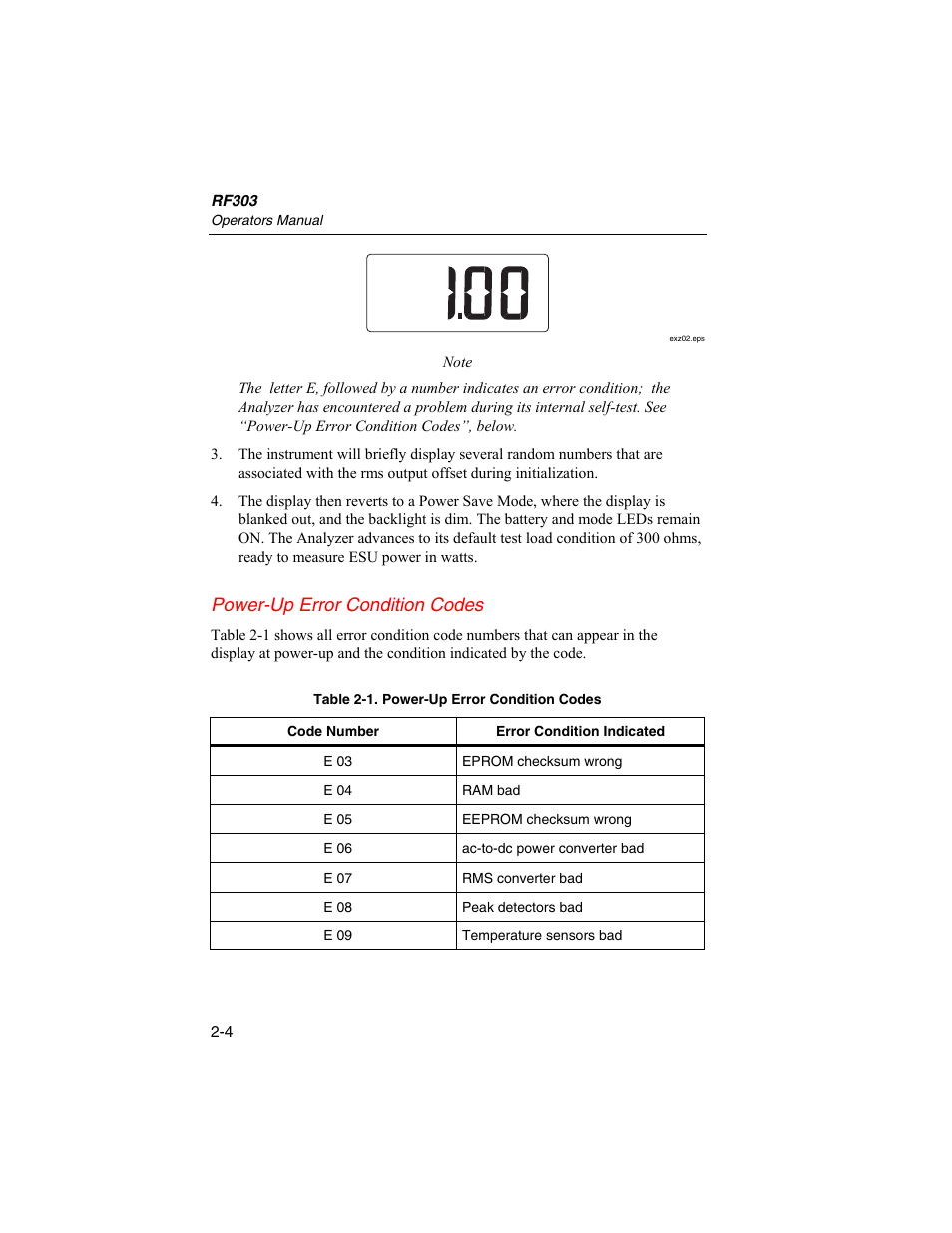 Power-up error condition codes | Fluke Biomedical RF303 User Manual | Page 28 / 70
